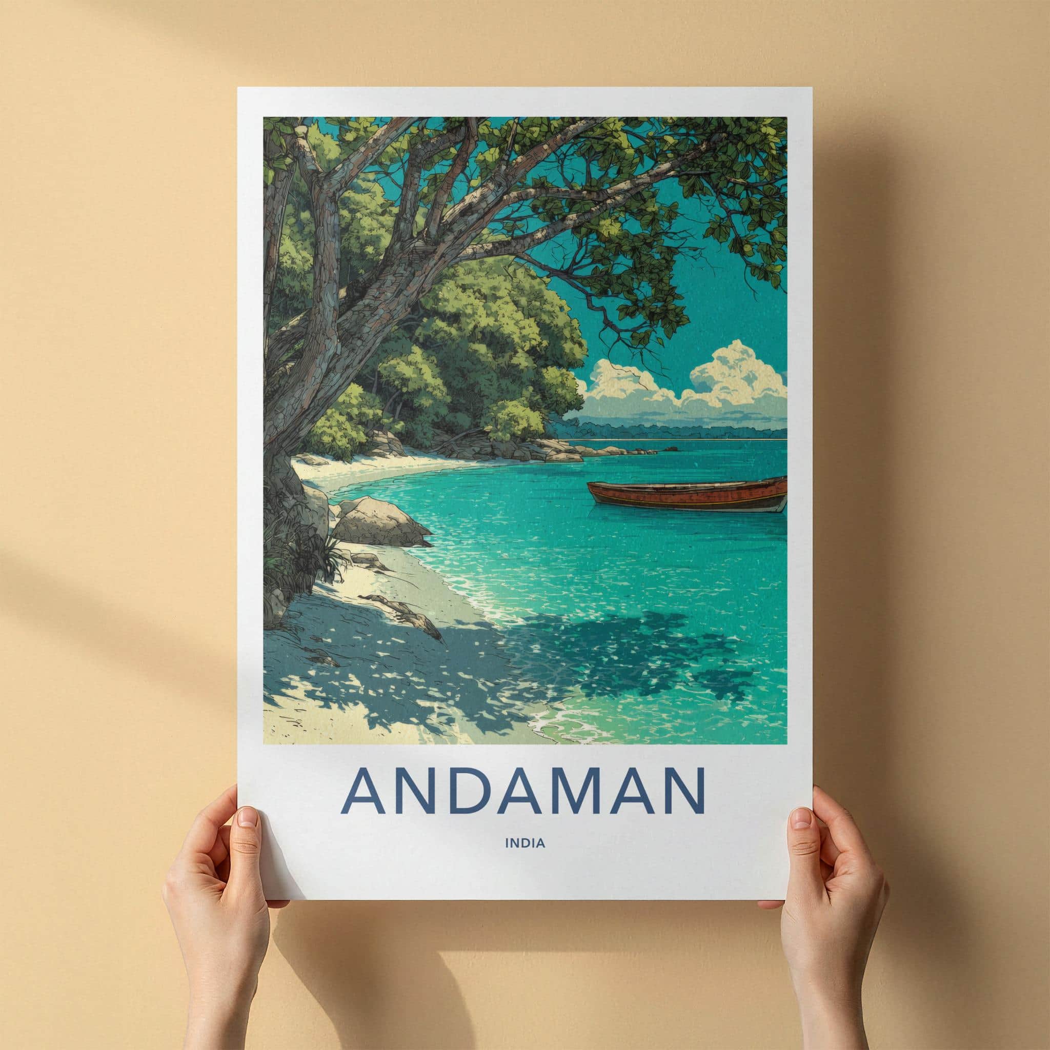 Andaman Poster - India Travel Illustration - Turquoise Waters Boat Home Decor