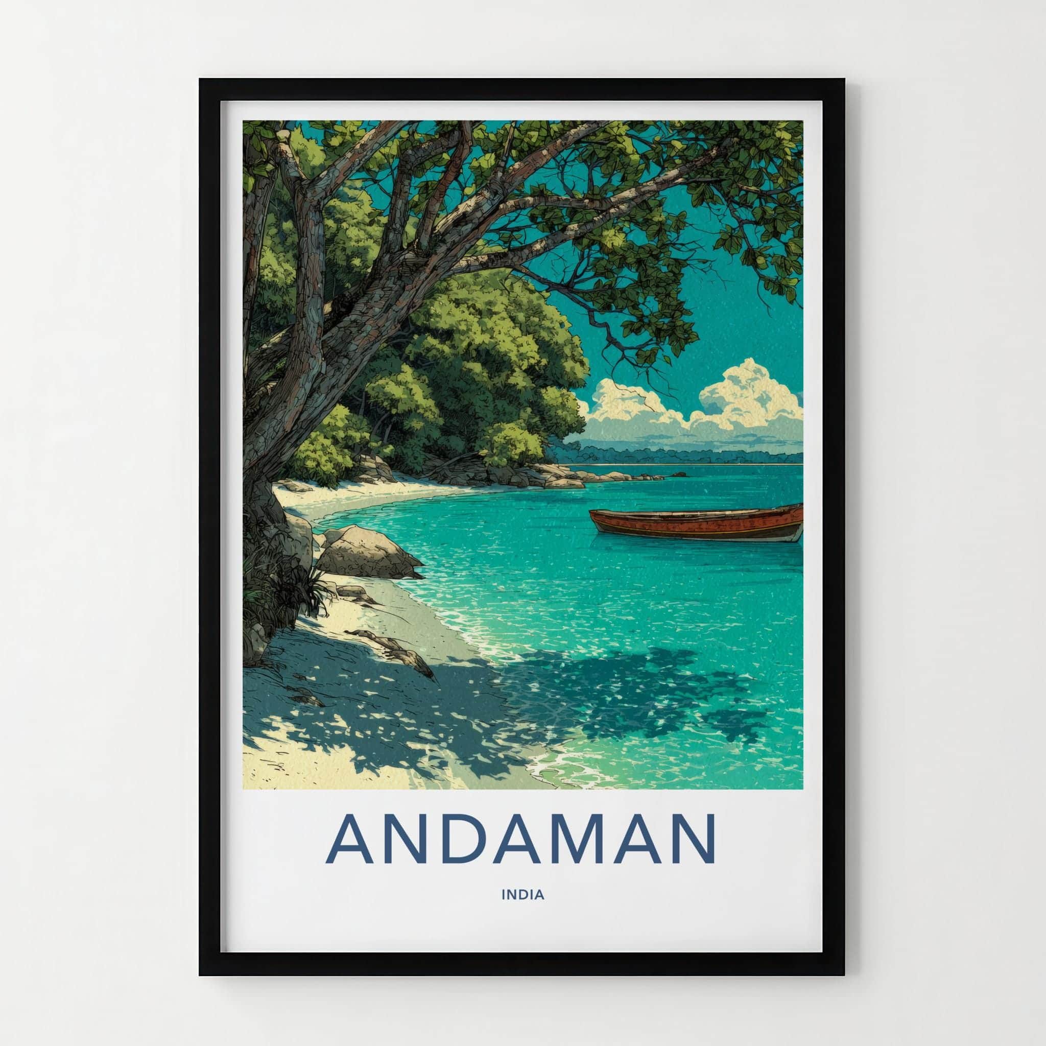Andaman Poster - India Travel Illustration - Turquoise Waters Boat Home Decor