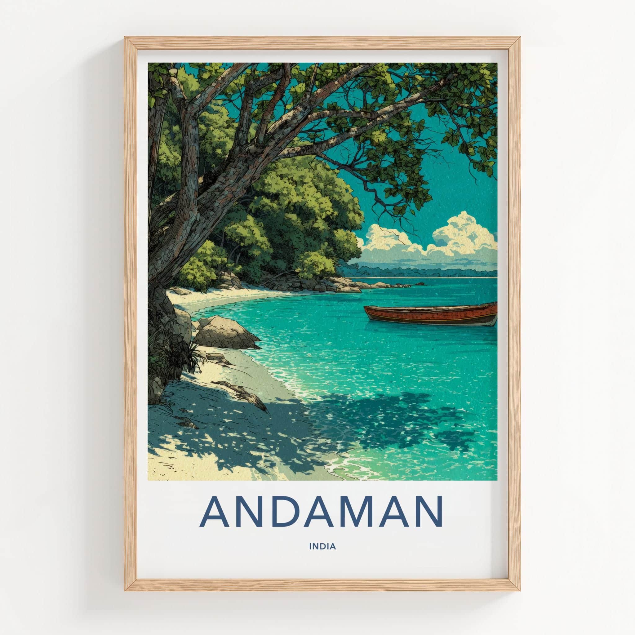 Andaman Poster - India Travel Illustration - Turquoise Waters Boat Home Decor