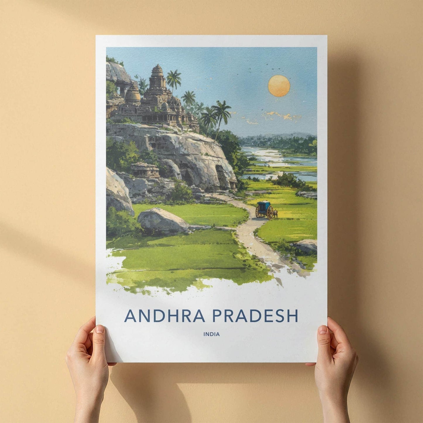 Andhra Pradesh Poster - India Travel Illustration - Riverside Temple Home Decor