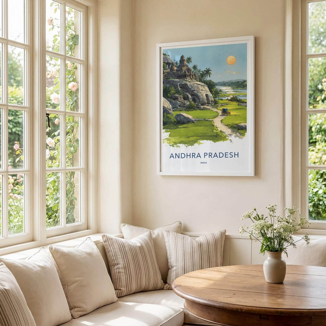 Andhra Pradesh Poster - India Travel Illustration - Riverside Temple Home Decor