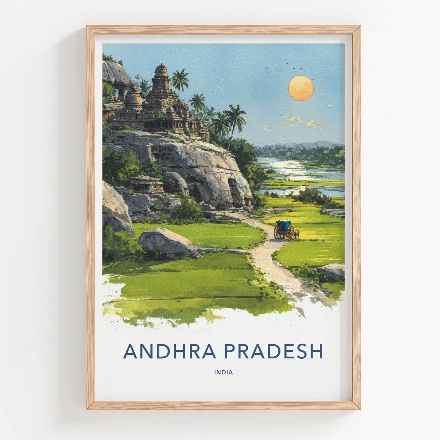 Andhra Pradesh Poster - India Travel Illustration - Riverside Temple Home Decor