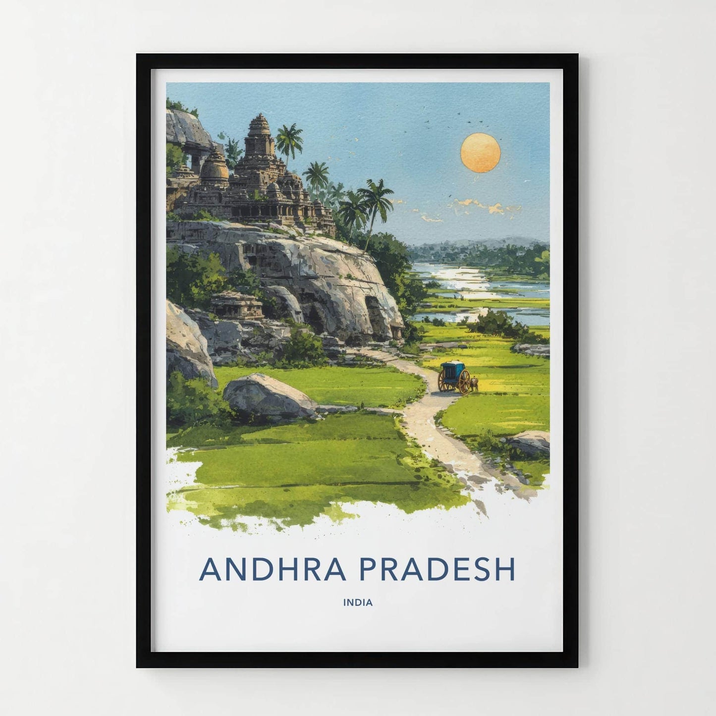 Andhra Pradesh Poster - India Travel Illustration - Riverside Temple Home Decor