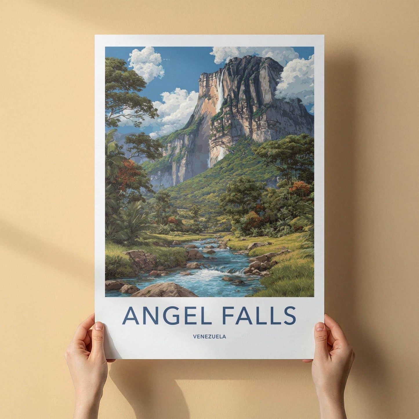 Angel Falls Poster - Venezuela Travel Art - Cascading Cliff Waterfall Wall Decor