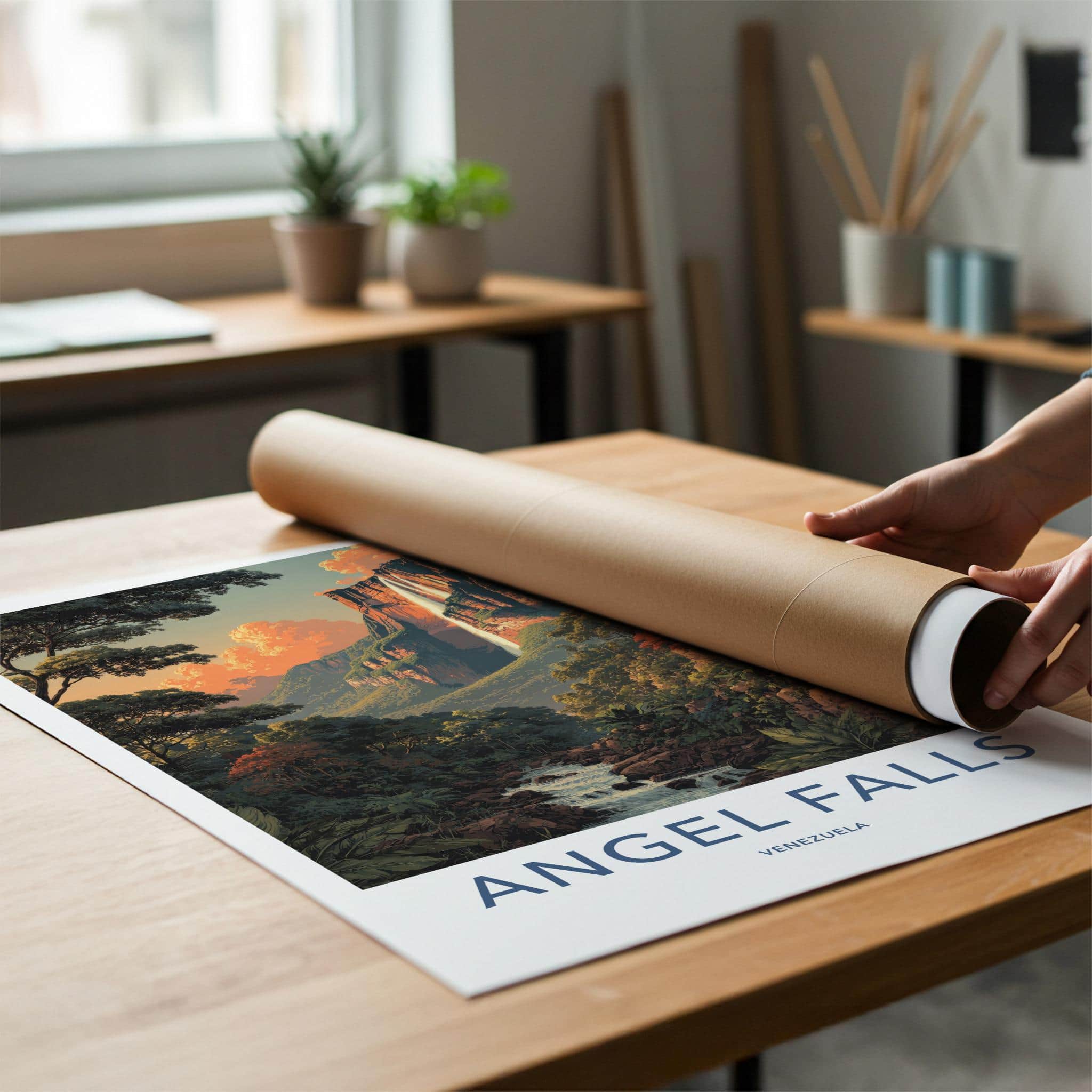 Angel Falls Poster - Venezuela Travel Art - Dramatic Sunset Cliffs Wall Decor