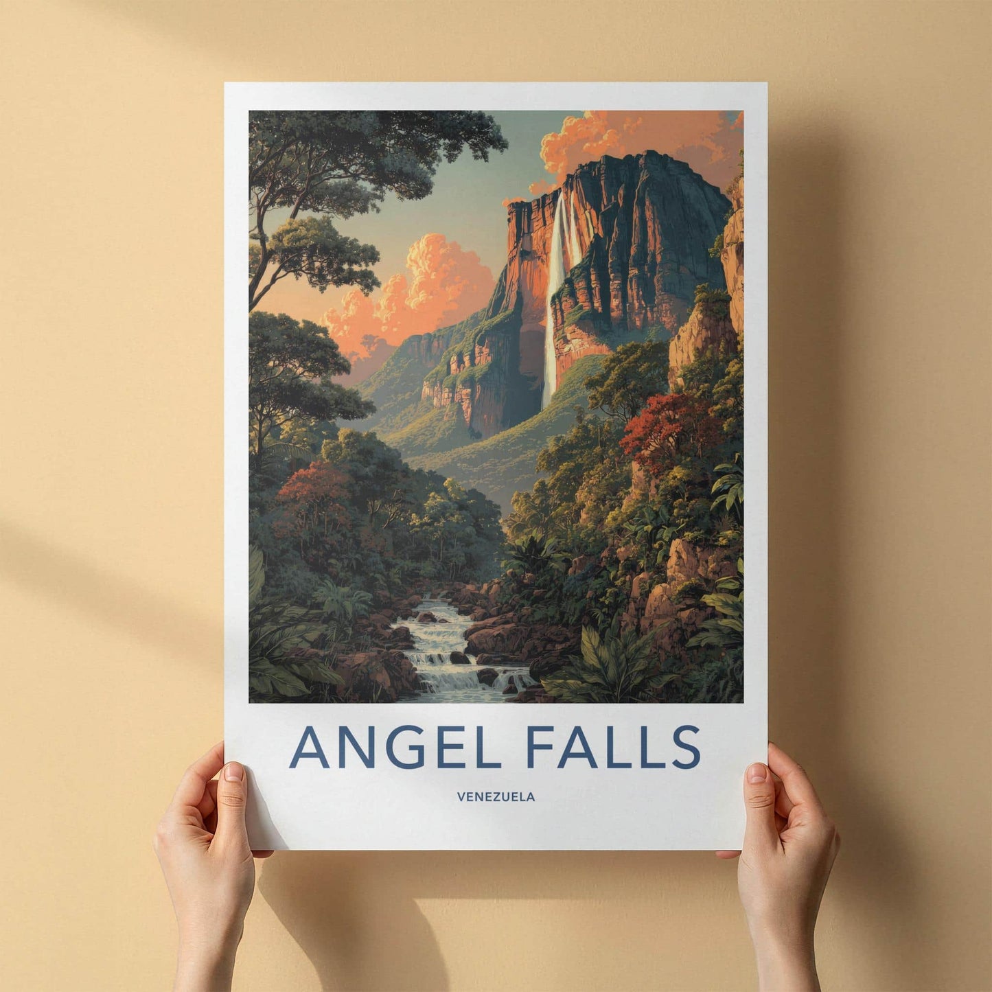 Angel Falls Poster - Venezuela Travel Art - Dramatic Sunset Cliffs Wall Decor
