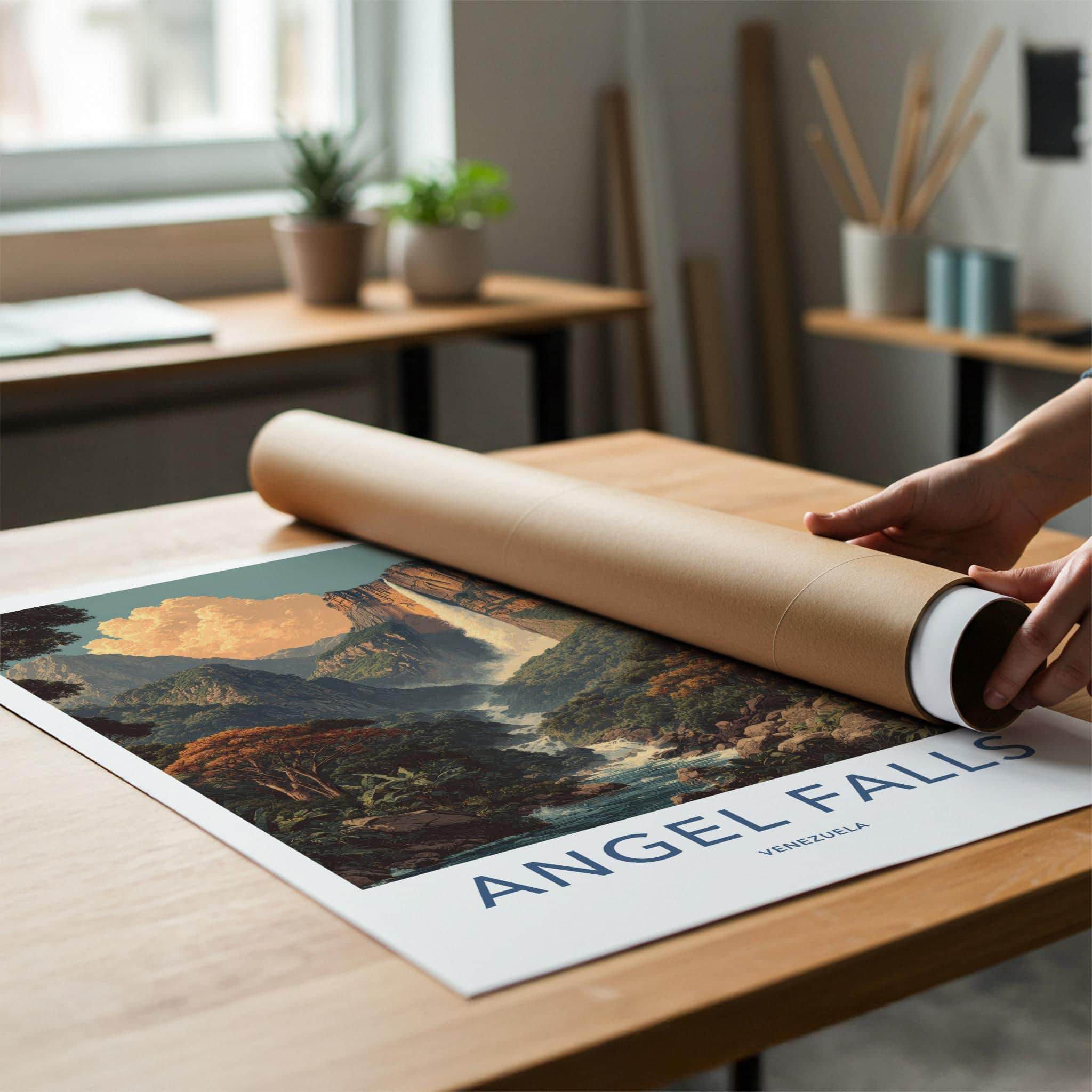 Angel Falls Poster - Venezuela Travel Illustration - Misty Mountain Falls Home Decor