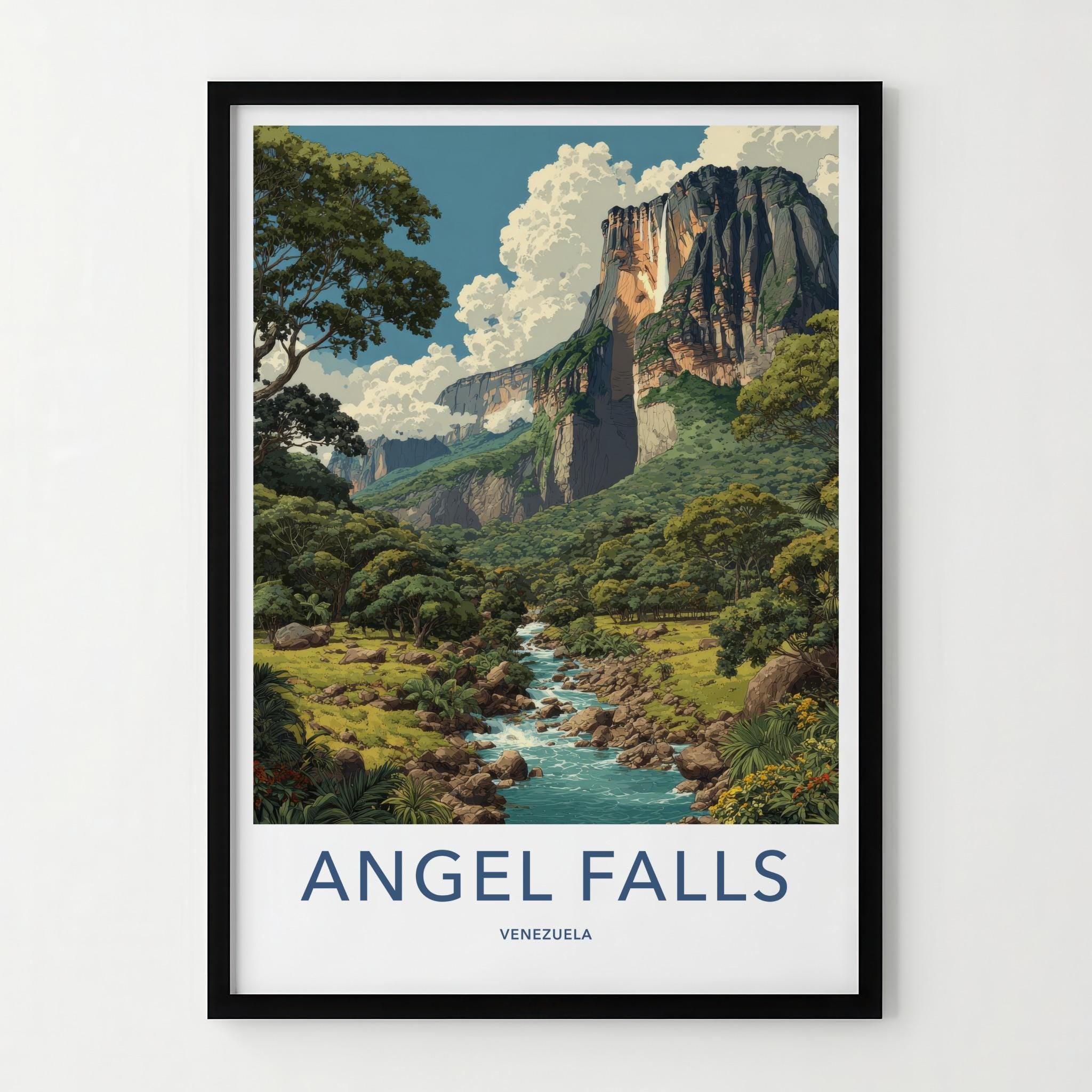 Angel Falls Poster - Venezuela Travel Illustration - Towering Falls Vista Wall Decor