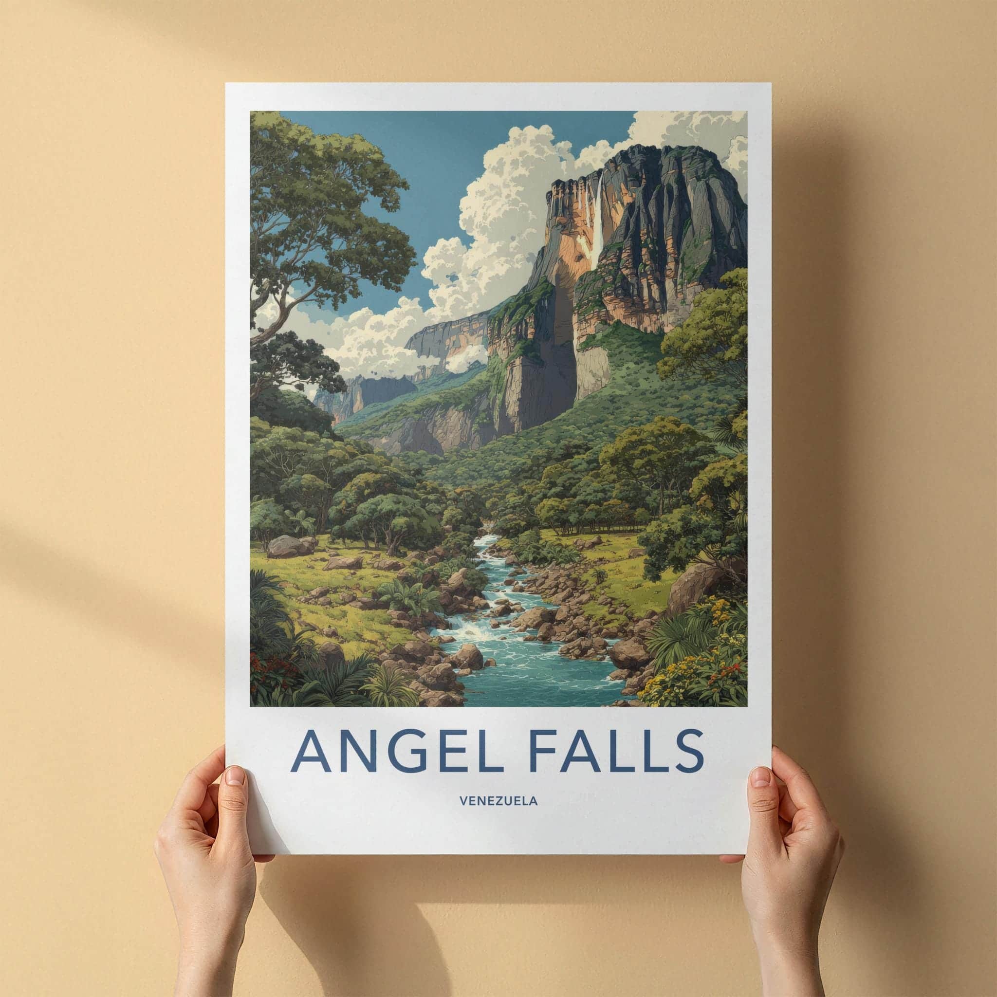 Angel Falls Poster - Venezuela Travel Illustration - Towering Falls Vista Wall Decor
