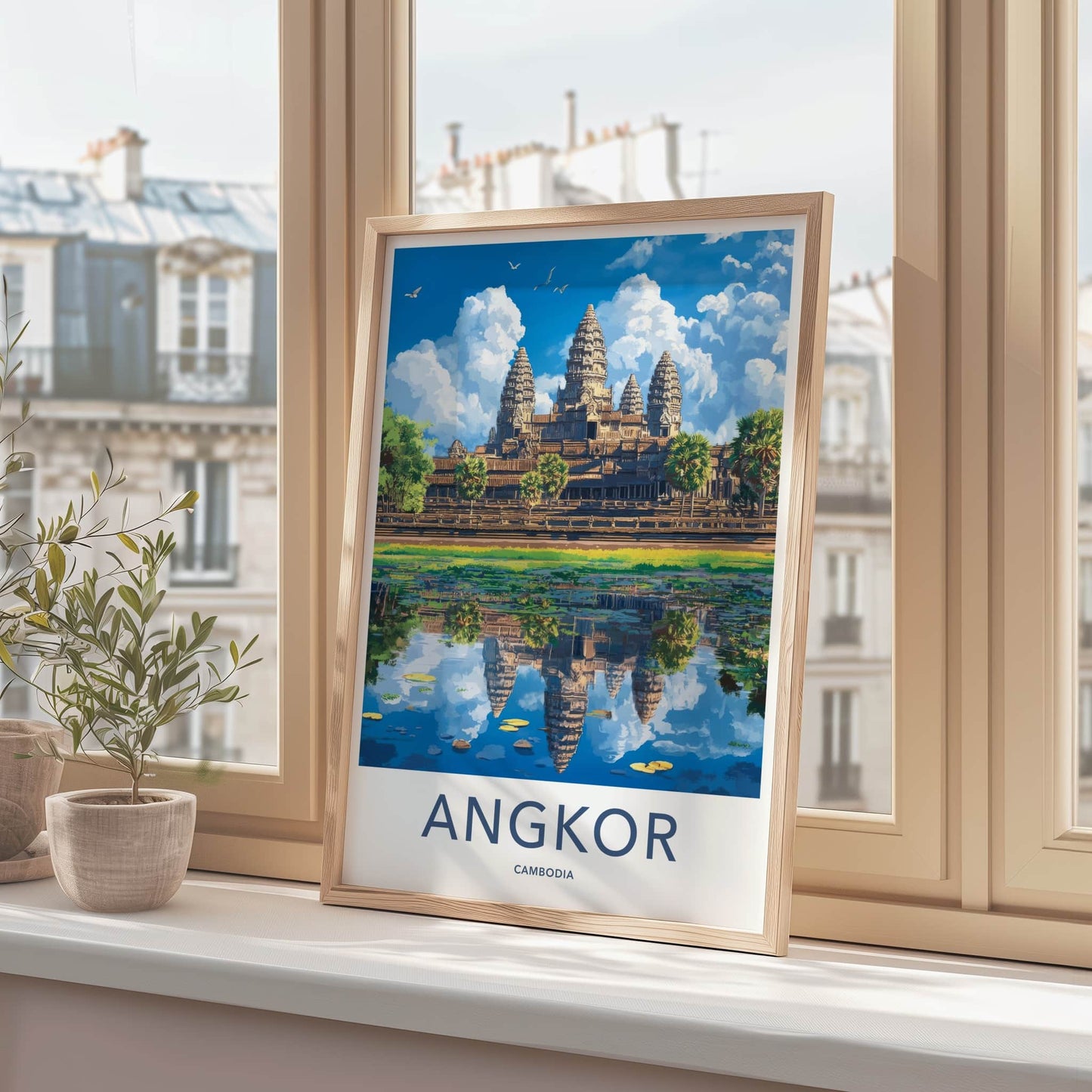 Angkor Poster - Cambodia Travel Art - Temple Water Reflection Home Decor