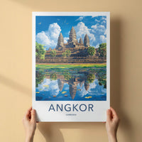 Angkor Poster - Cambodia Travel Art - Temple Water Reflection Home Decor