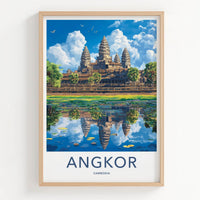 Angkor Poster - Cambodia Travel Art - Temple Water Reflection Home Decor