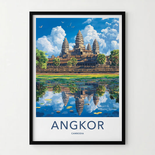 Angkor Poster - Cambodia Travel Art - Temple Water Reflection Home Decor