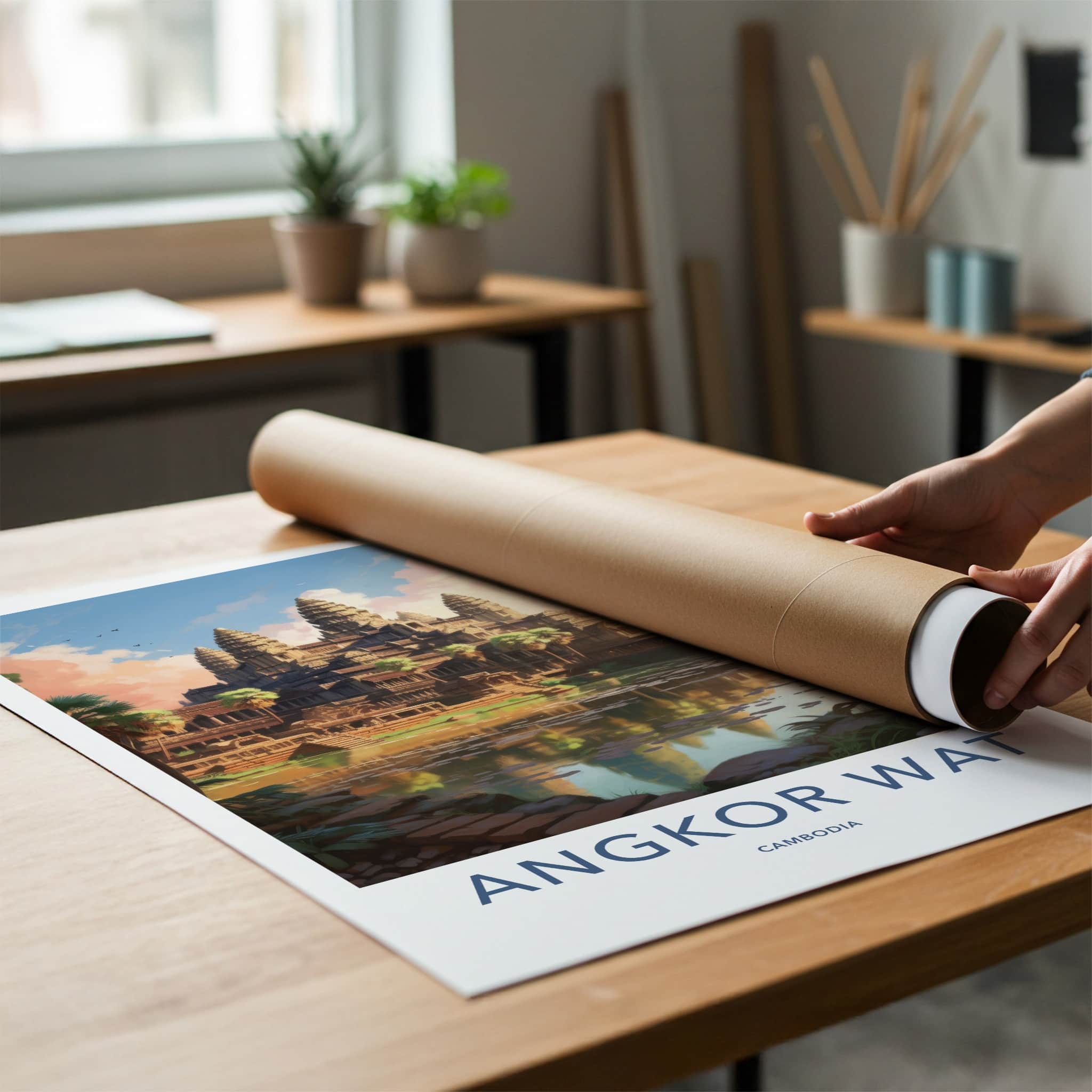 Angkor Wat Poster - Cambodia Travel Art - Ancient Temple Lake Home Decor
