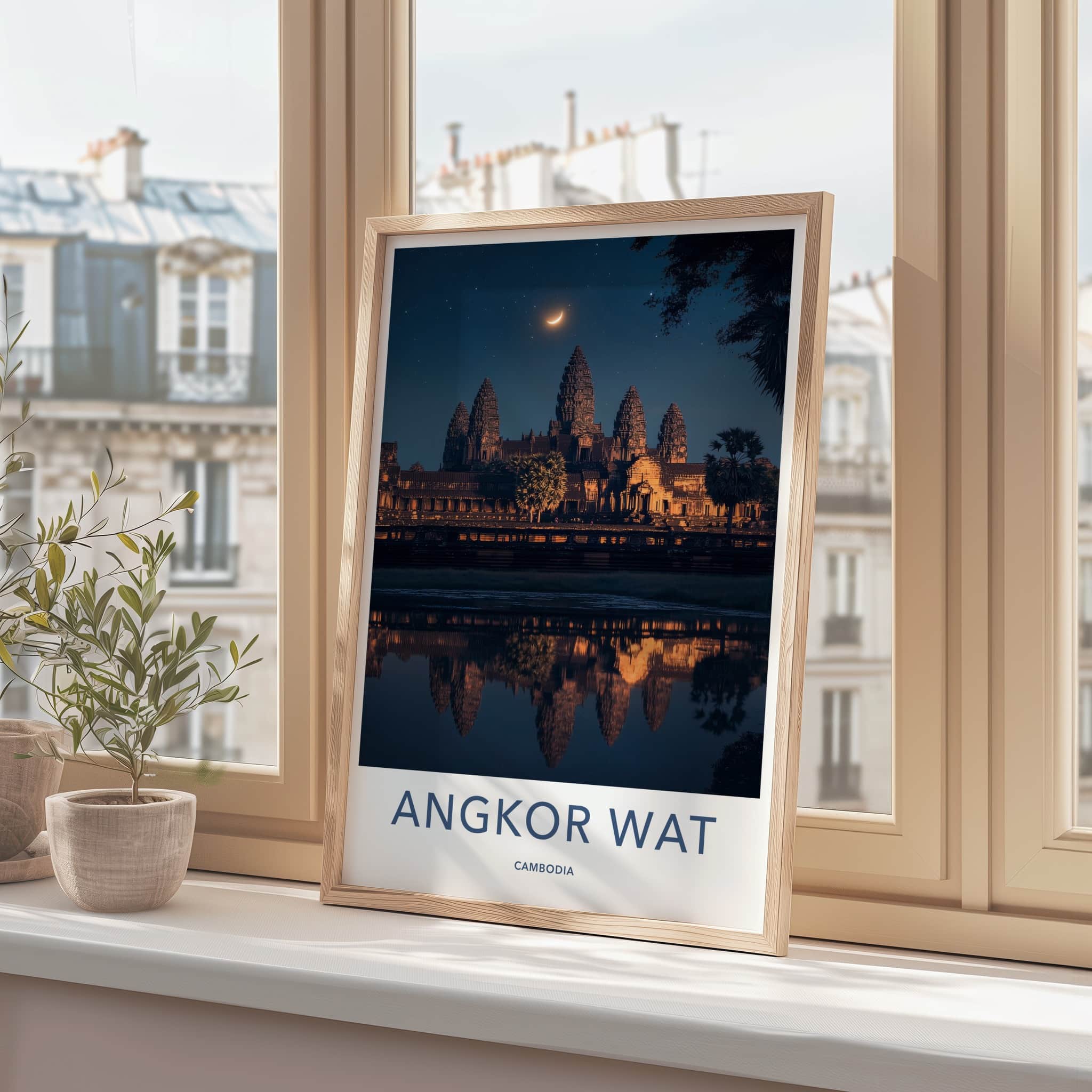 Angkor Wat Poster - Cambodia Travel Art - Moonlit Temple Reflection Wall Decor