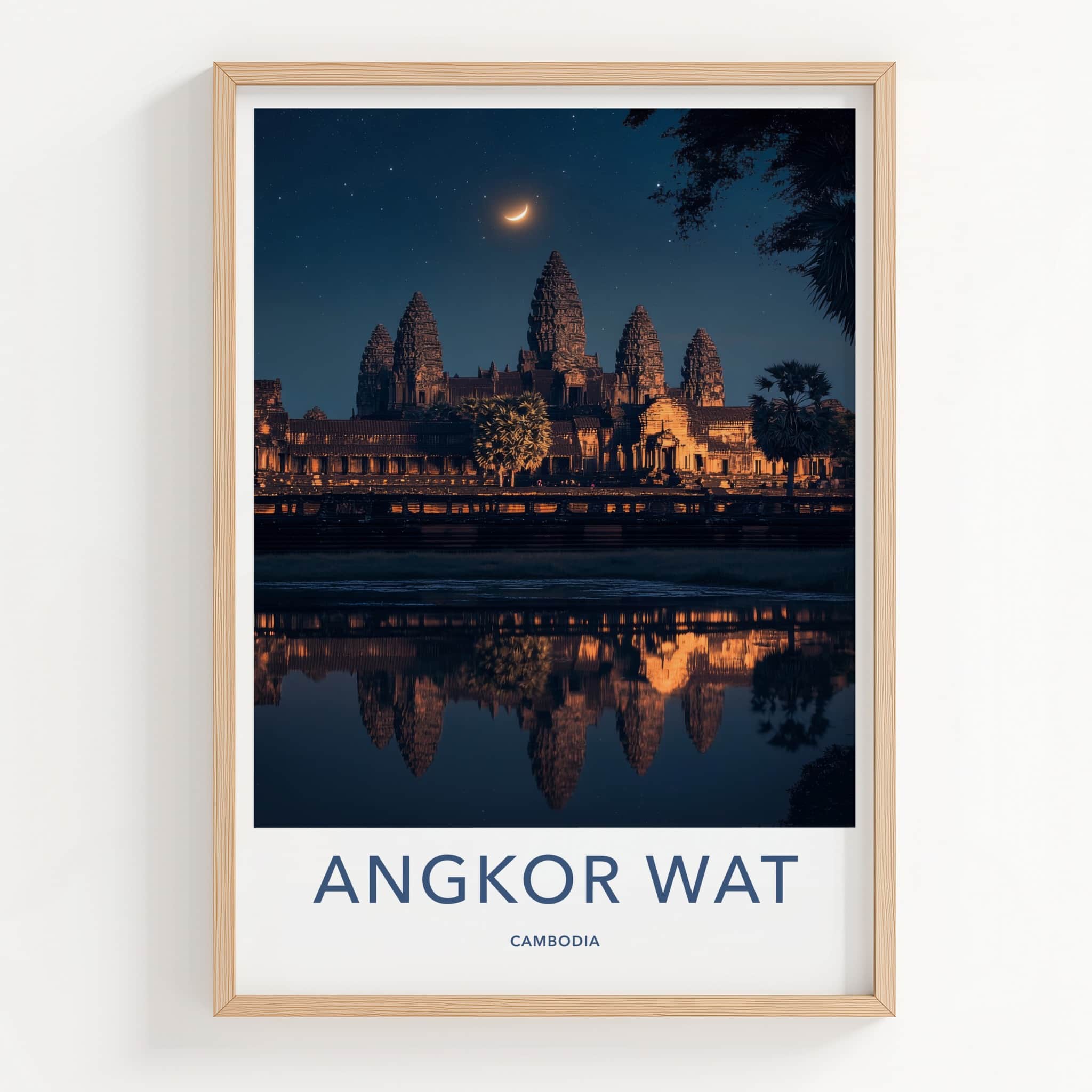 Angkor Wat Poster - Cambodia Travel Art - Moonlit Temple Reflection Wall Decor