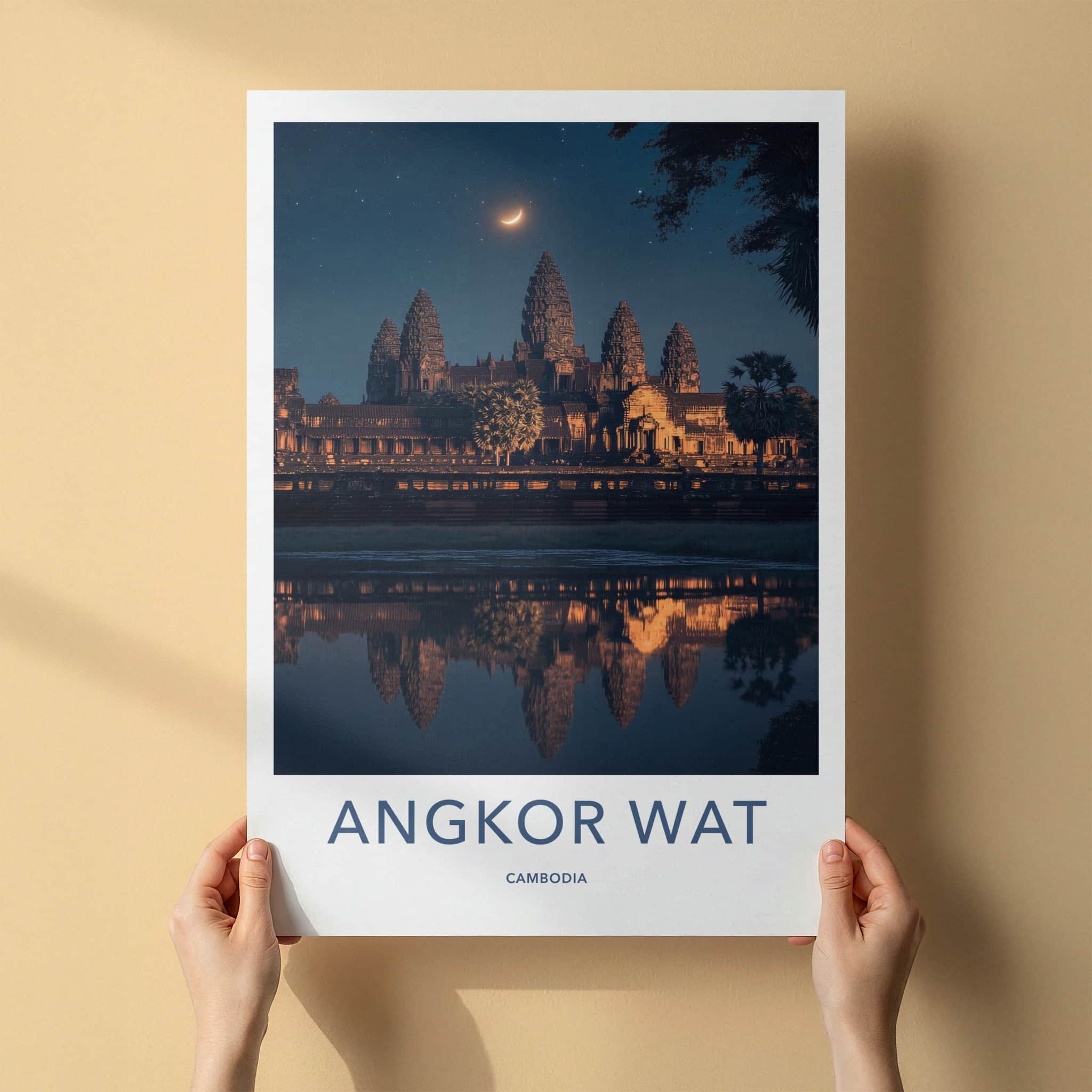 Angkor Wat Poster - Cambodia Travel Art - Moonlit Temple Reflection Wall Decor