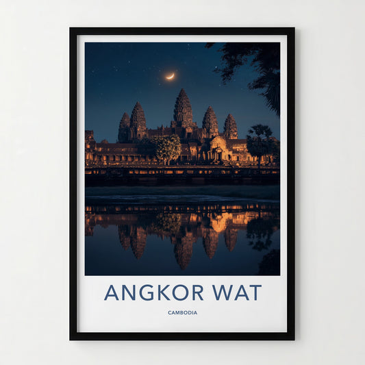 Angkor Wat Poster - Cambodia Travel Art - Moonlit Temple Reflection Wall Decor