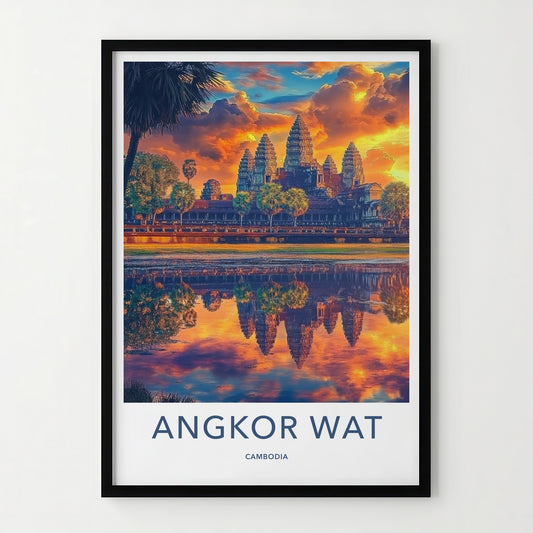 Angkor Wat Poster - Cambodia Travel Art - Temple Reflection Sunset Wall Decor