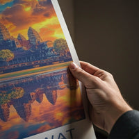 Angkor Wat Poster - Cambodia Travel Art - Temple Reflection Sunset Wall Decor