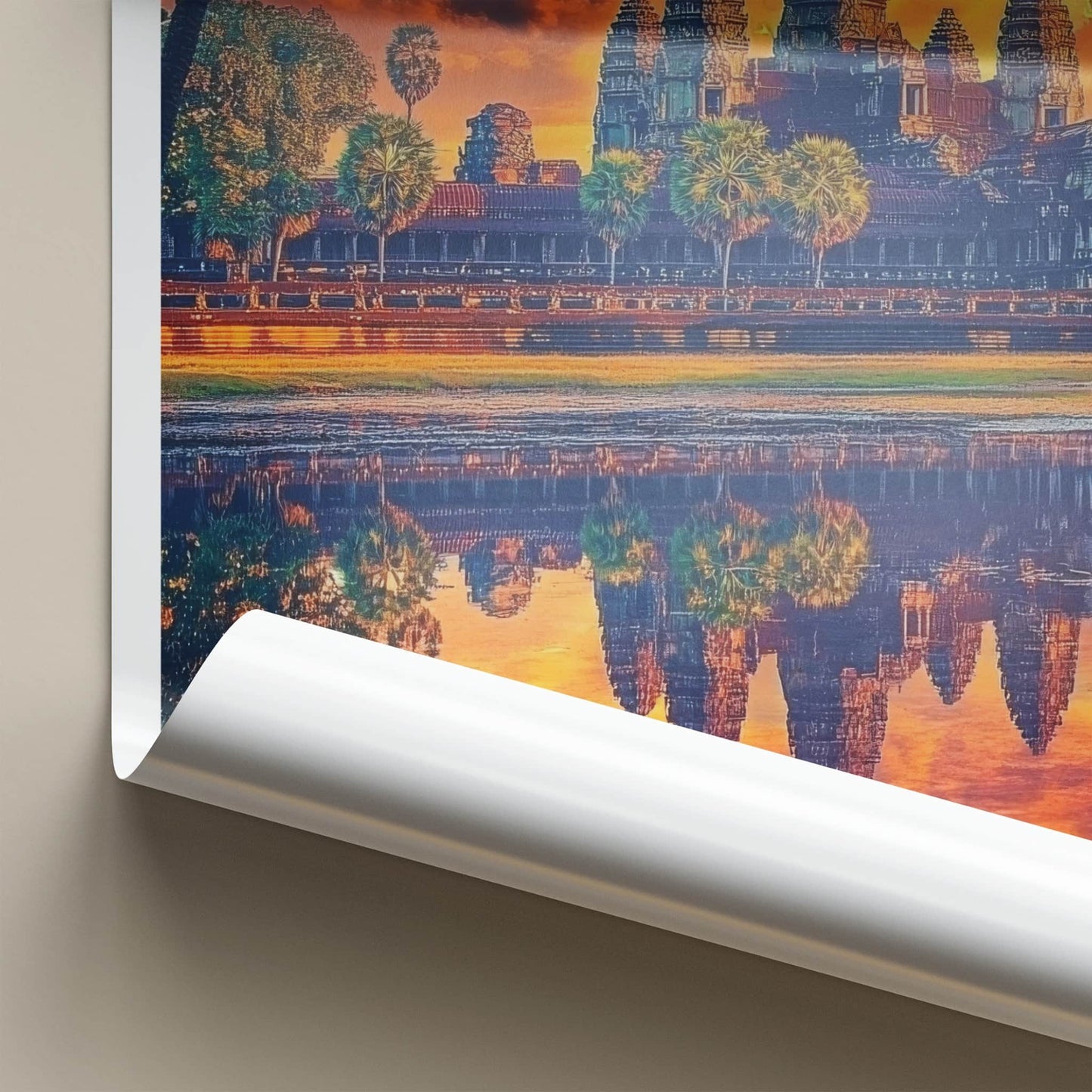 Angkor Wat Poster - Cambodia Travel Art - Temple Reflection Sunset Wall Decor