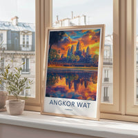 Angkor Wat Poster - Cambodia Travel Art - Temple Reflection Sunset Wall Decor