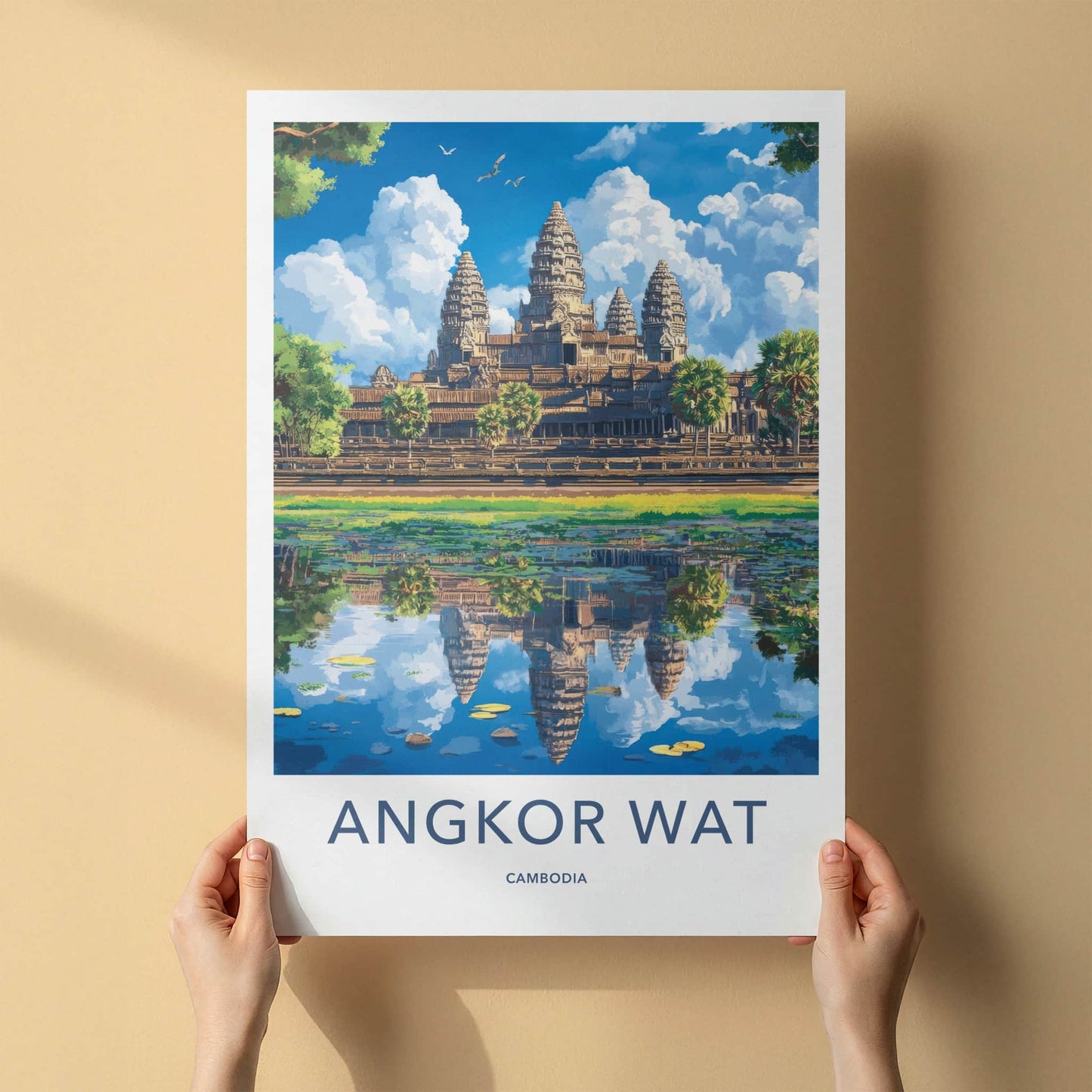 Angkor Wat Poster - Cambodia Travel Art - Temple Water Reflection Home Decor