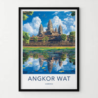 Angkor Wat Poster - Cambodia Travel Art - Temple Water Reflection Home Decor