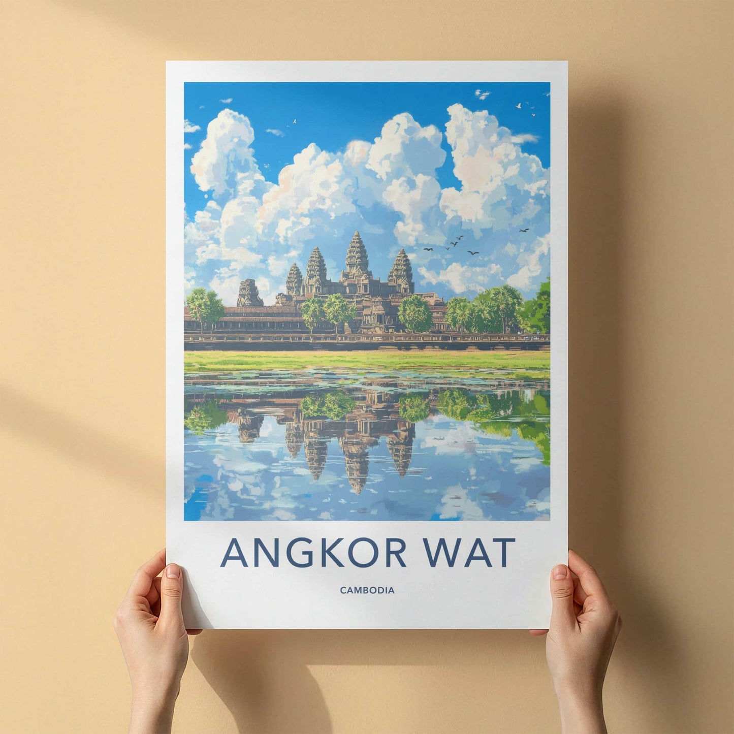 Angkor Wat Poster - Cambodia Travel Art - Temple Water Reflection Wall Decor