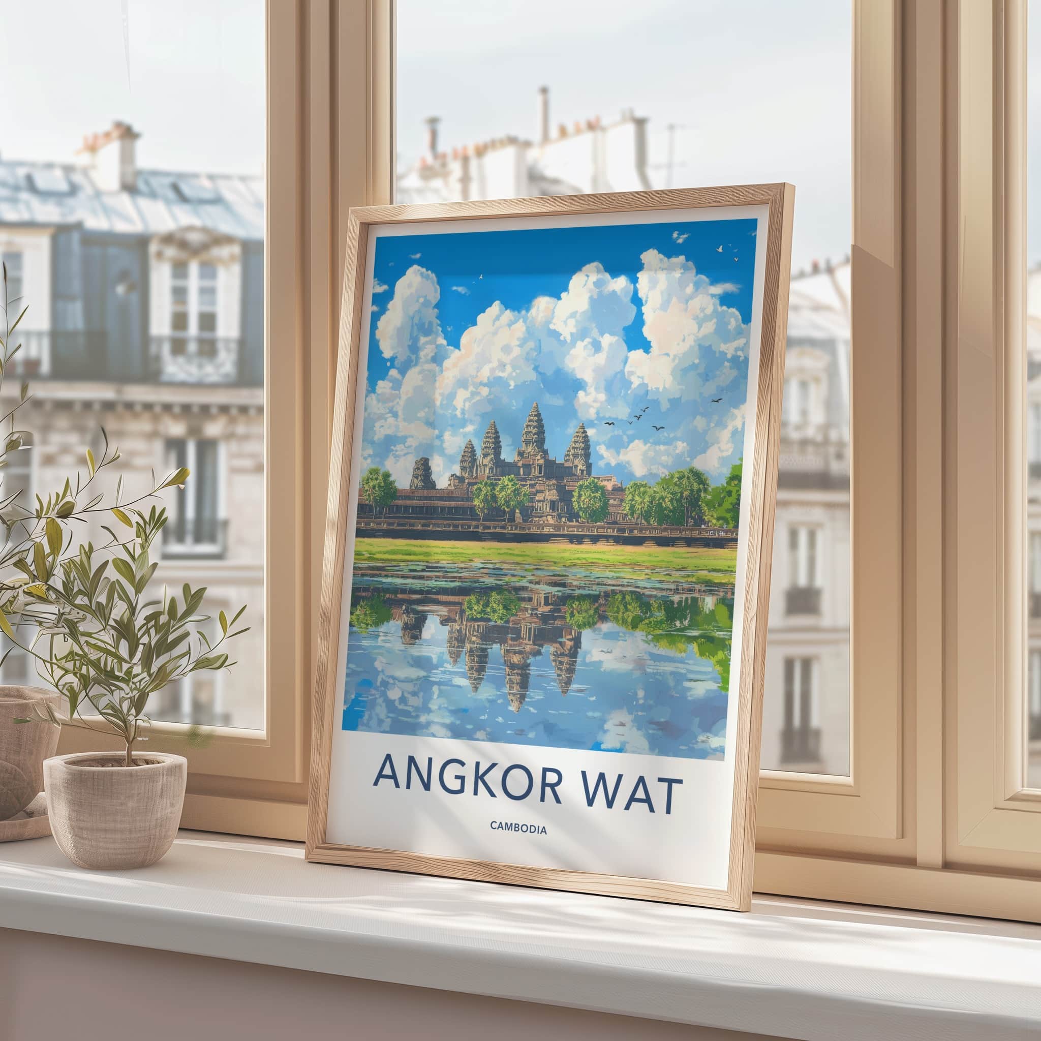 Angkor Wat Poster - Cambodia Travel Art - Temple Water Reflection Wall Decor