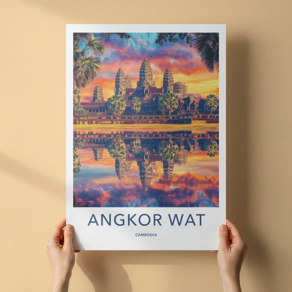 Angkor Wat Poster - Cambodia Travel Art - Vibrant Temple Reflection Home Decor