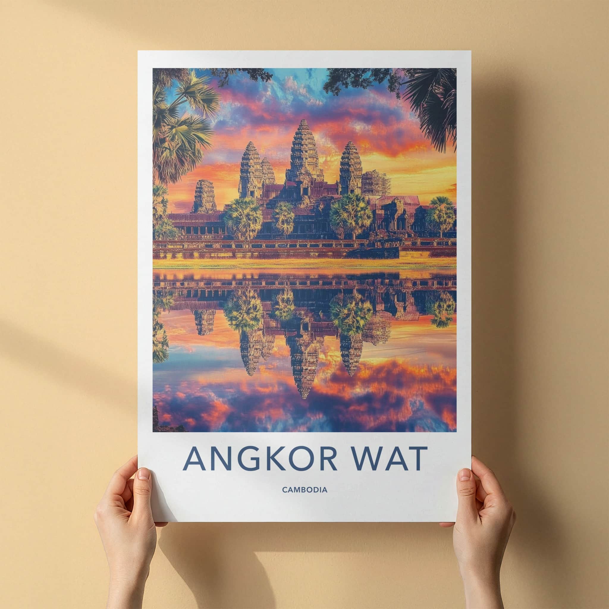 Angkor Wat Poster - Cambodia Travel Art - Vibrant Temple Reflection Home Decor