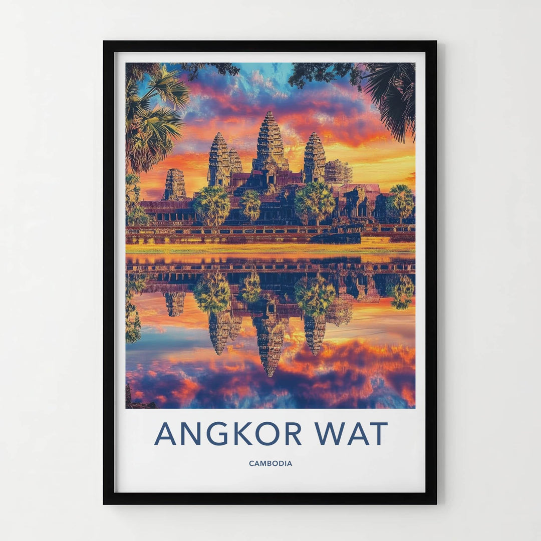 Angkor Wat Poster - Cambodia Travel Art - Vibrant Temple Reflection Home Decor