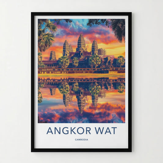 Angkor Wat Poster - Cambodia Travel Art - Vibrant Temple Reflection Home Decor