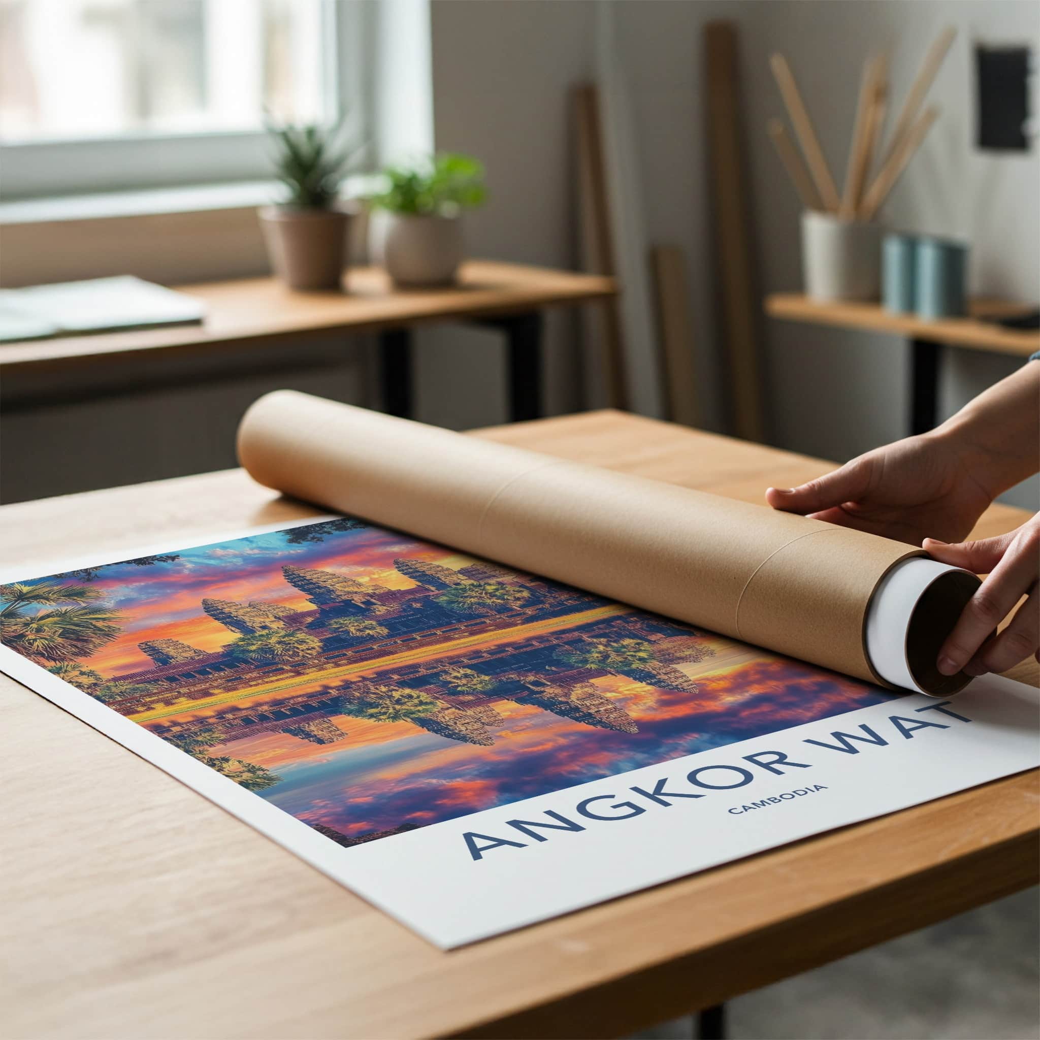Angkor Wat Poster - Cambodia Travel Art - Vibrant Temple Reflection Home Decor