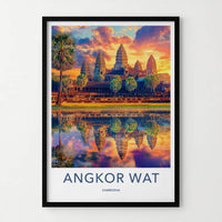 Angkor Wat Poster - Cambodia Travel Art - Vibrant Temple Reflection Home Decor