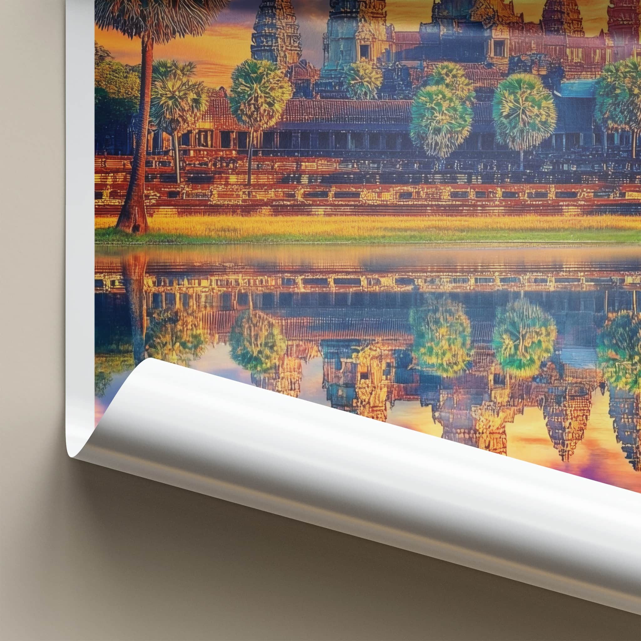 Angkor Wat Poster - Cambodia Travel Art - Vibrant Temple Reflection Home Decor