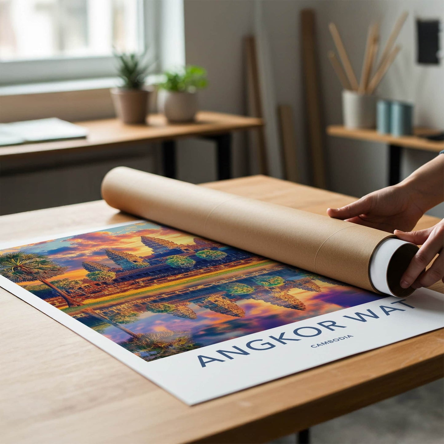 Angkor Wat Poster - Cambodia Travel Art - Vibrant Temple Reflection Home Decor