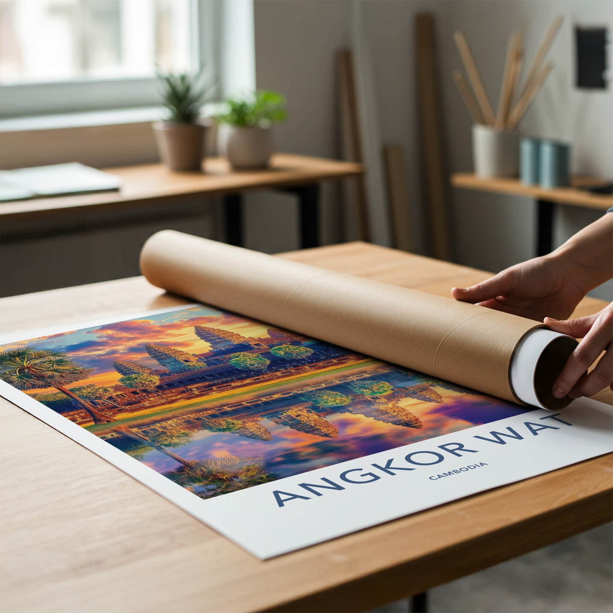 Angkor Wat Poster - Cambodia Travel Art - Vibrant Temple Reflection Home Decor