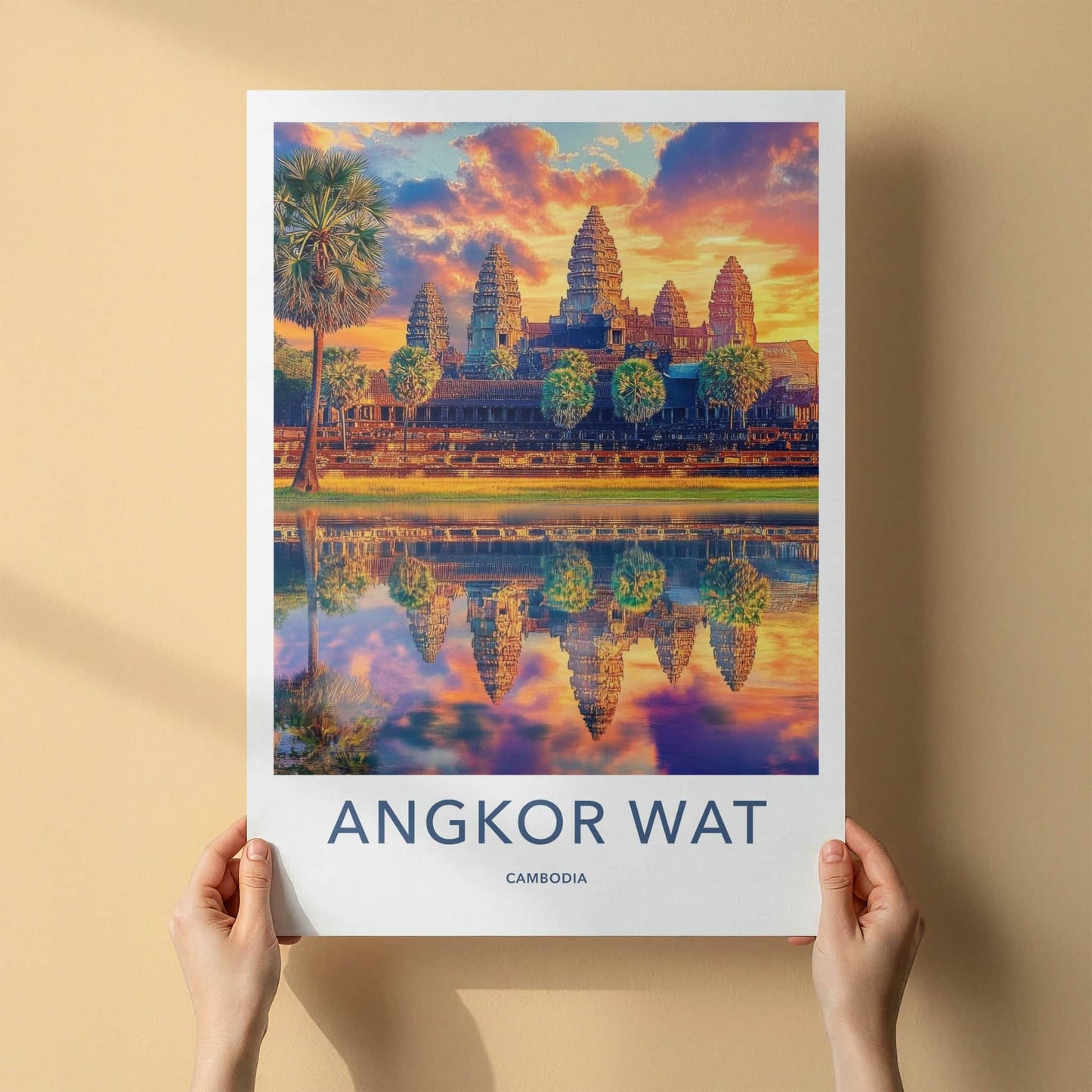 Angkor Wat Poster - Cambodia Travel Art - Vibrant Temple Reflection Home Decor