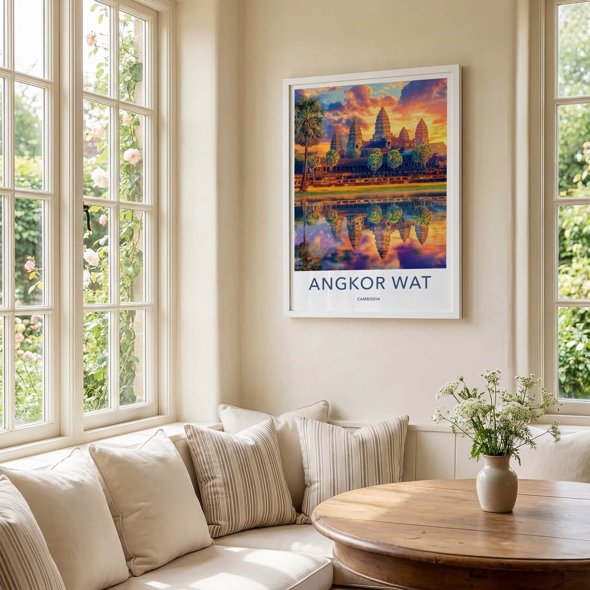 Angkor Wat Poster - Cambodia Travel Art - Vibrant Temple Reflection Home Decor