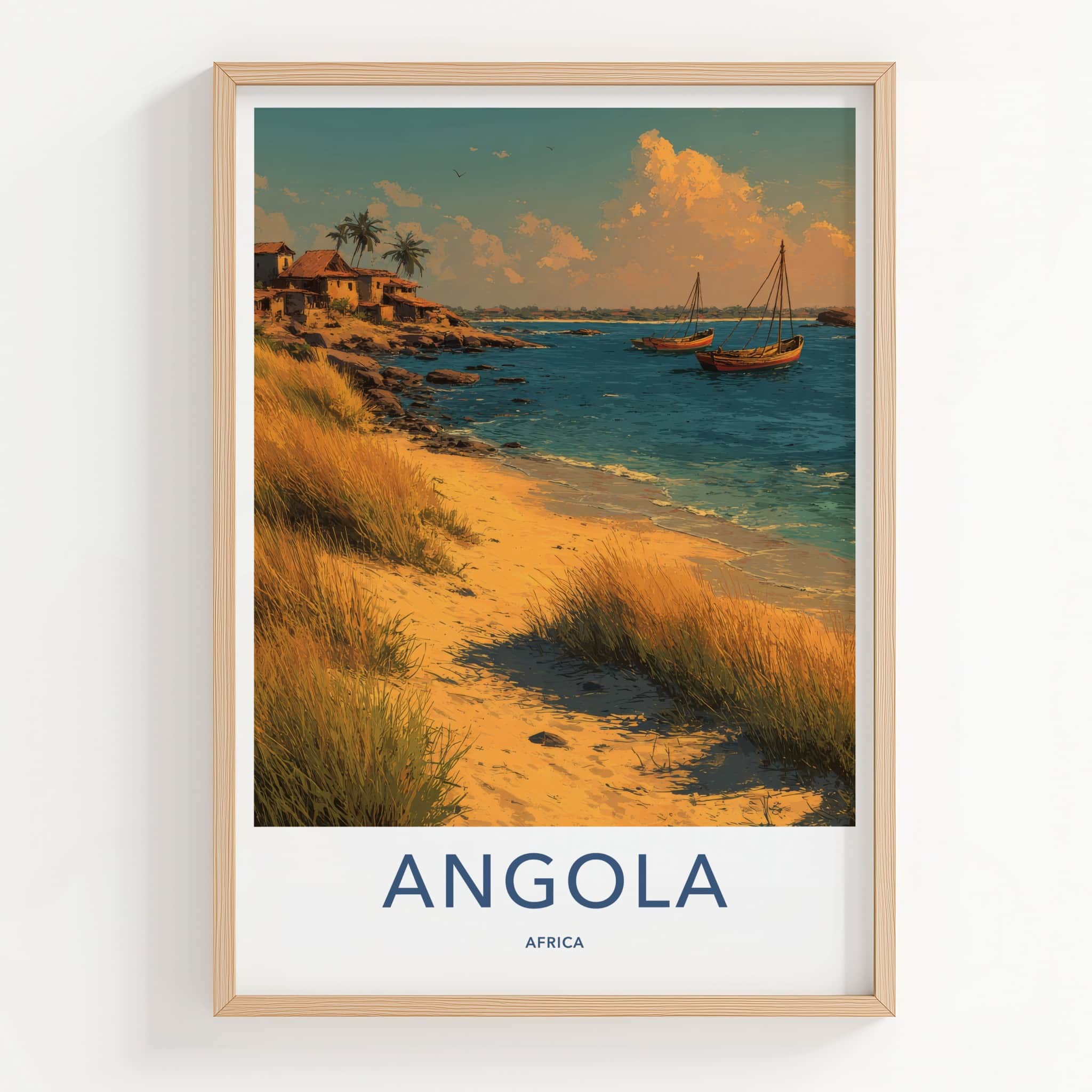 Angola Poster - Africa Travel Art - Coastal Village Boats Wall Decor