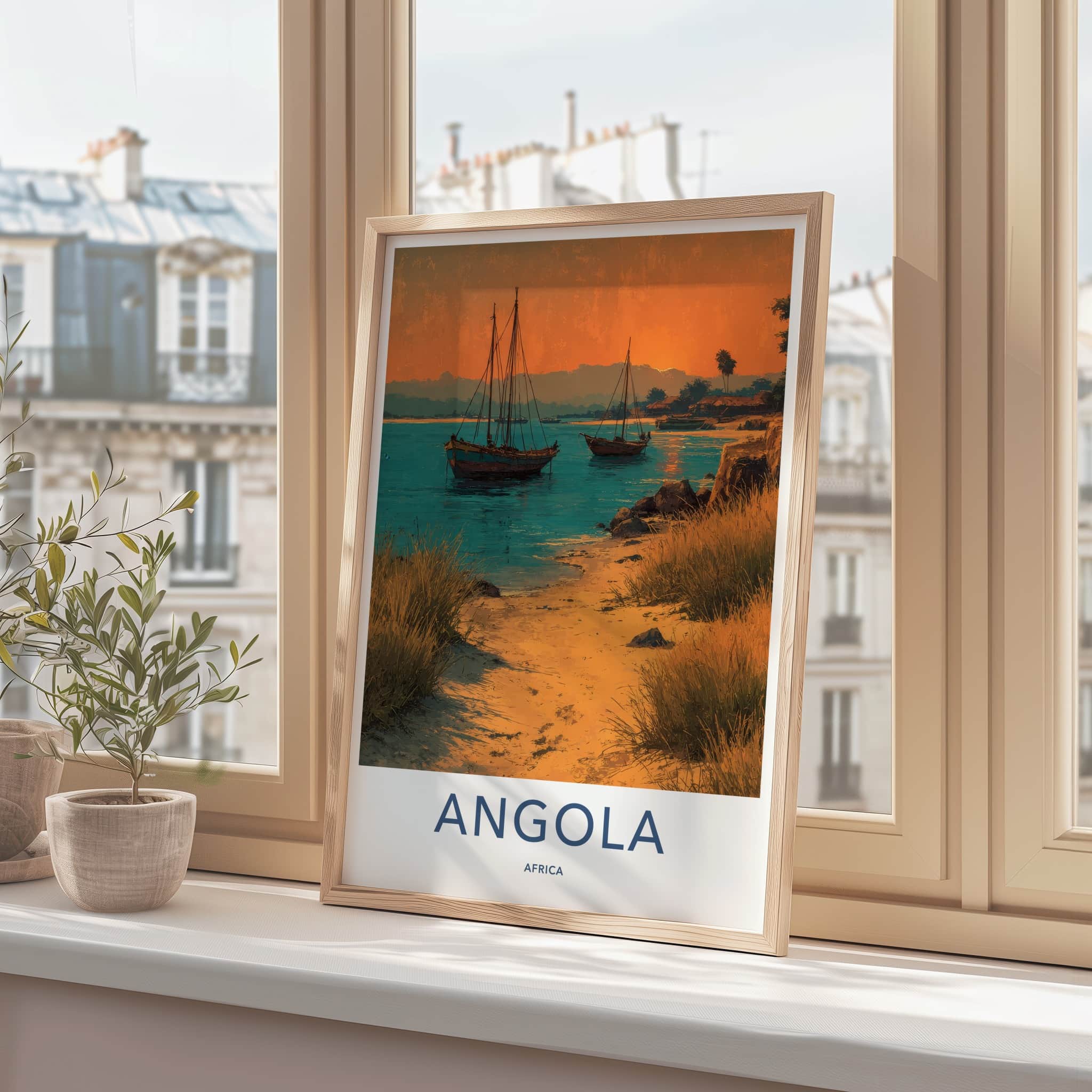 Angola Poster - Africa Travel Art - Orange Sky Boats Home Decor
