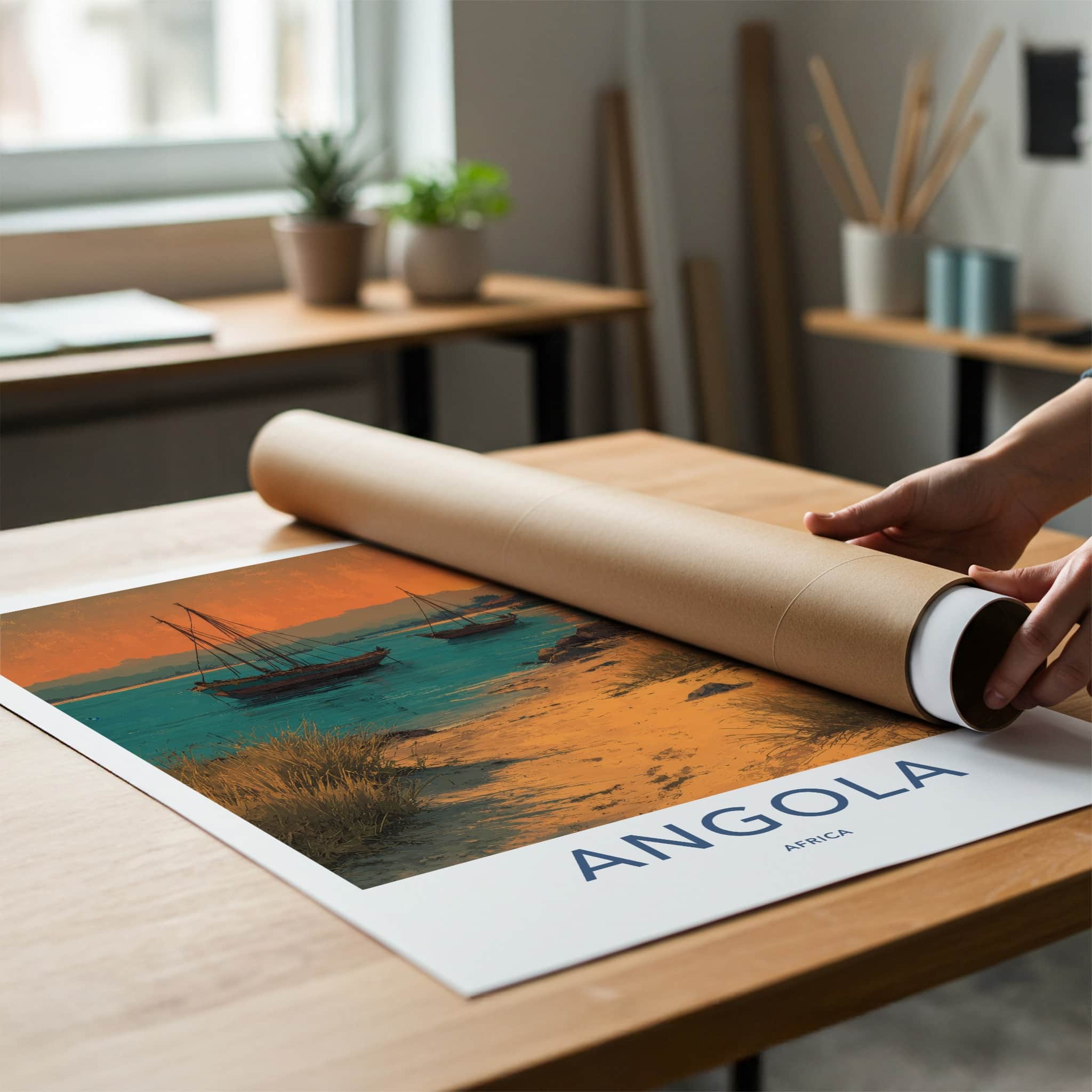 Angola Poster - Africa Travel Art - Orange Sky Boats Home Decor