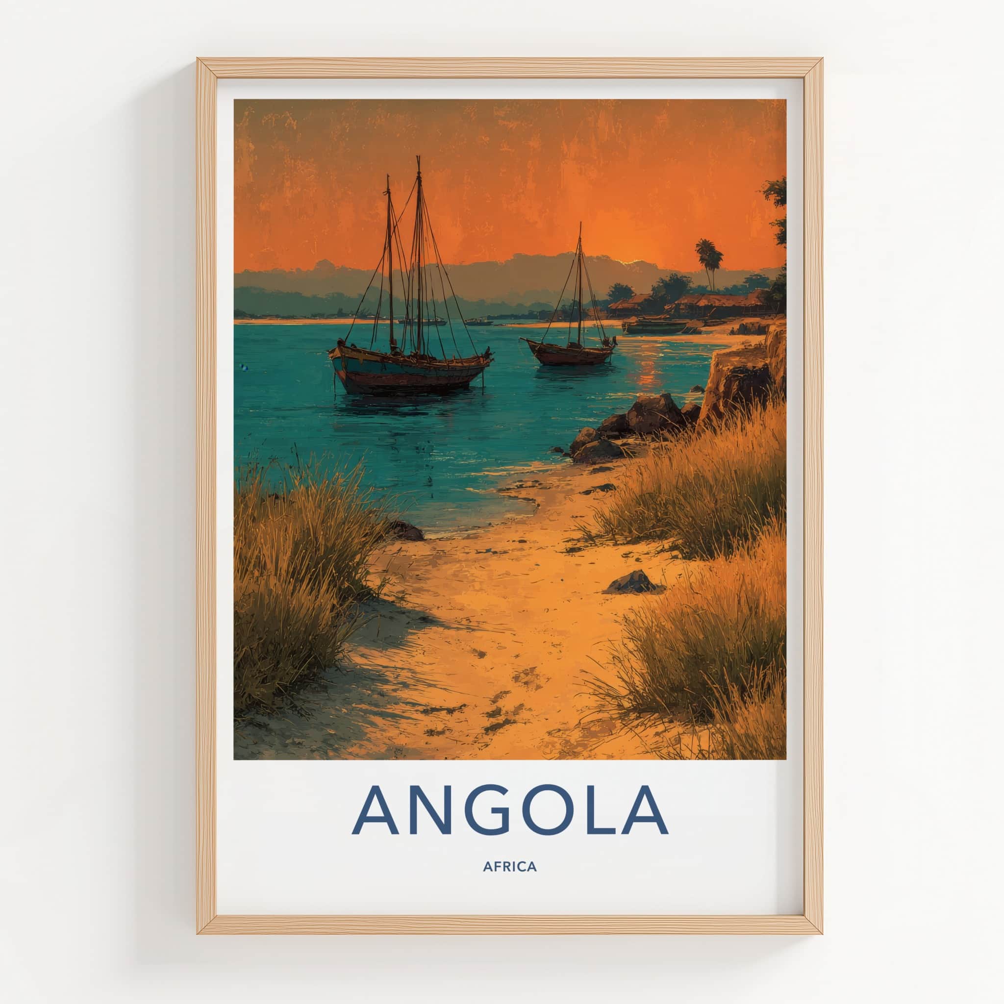 Angola Poster - Africa Travel Art - Orange Sky Boats Home Decor
