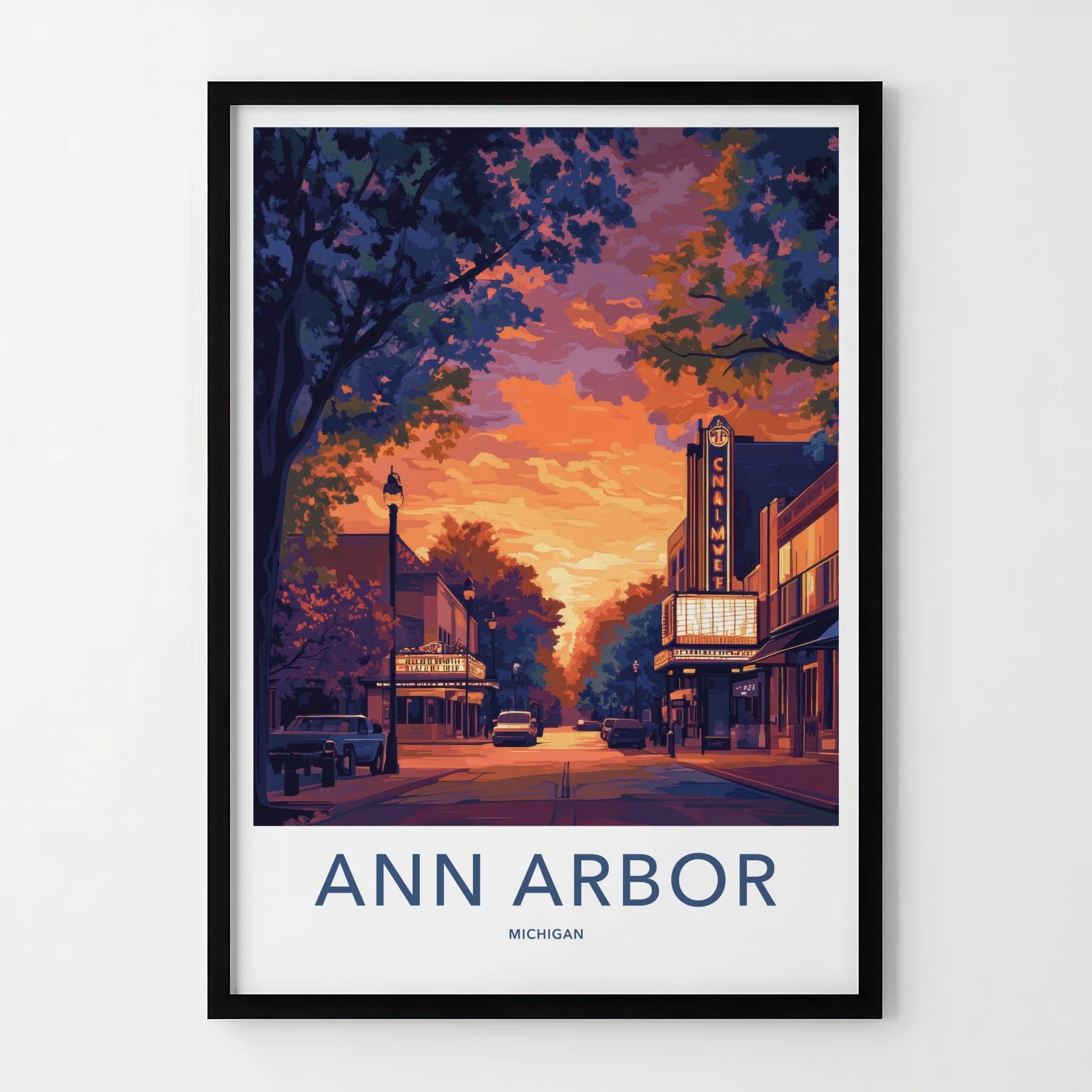 Ann Arbor Poster - Michigan Wall Art - Downtown Theater Sunset Home Decor