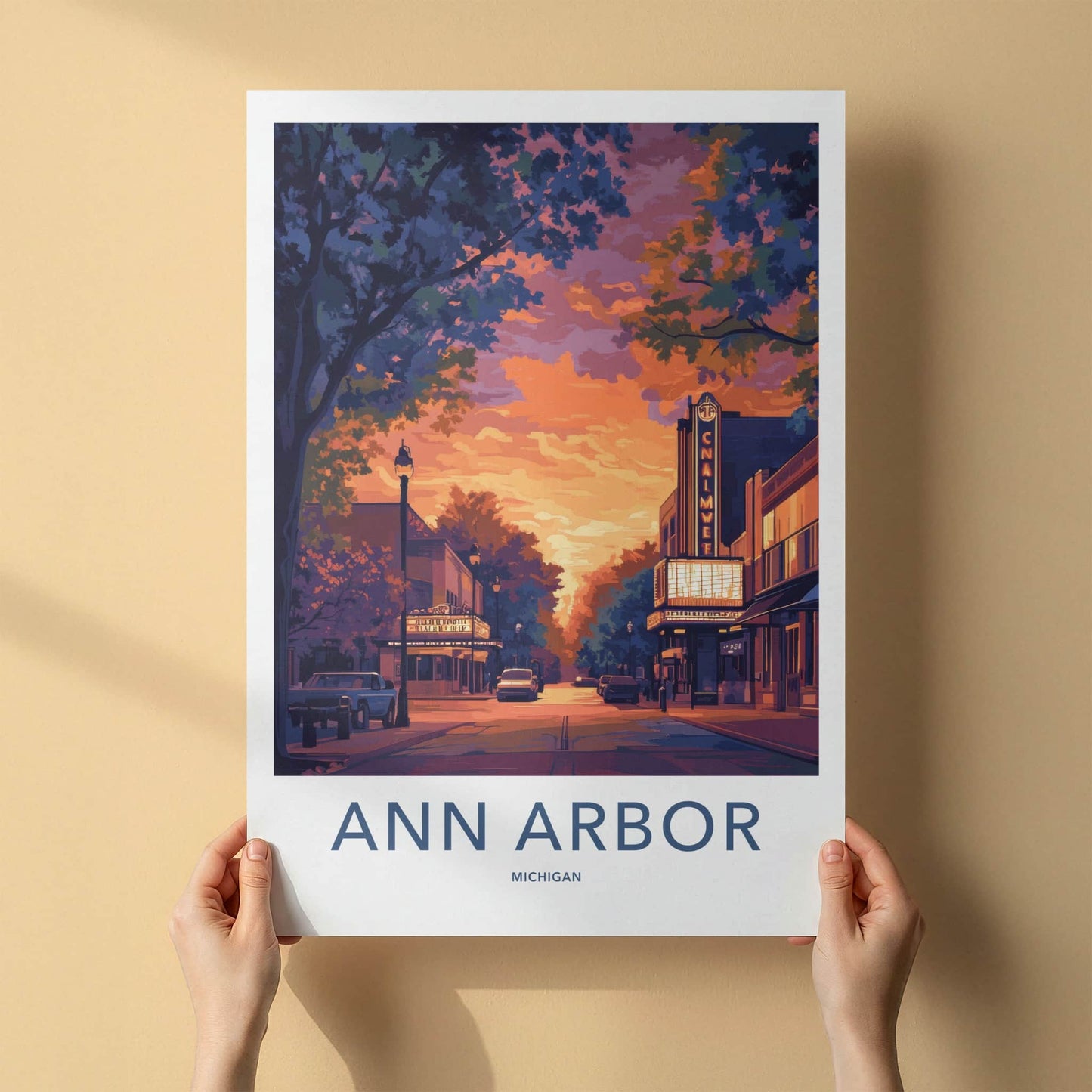 Ann Arbor Poster - Michigan Wall Art - Downtown Theater Sunset Home Decor