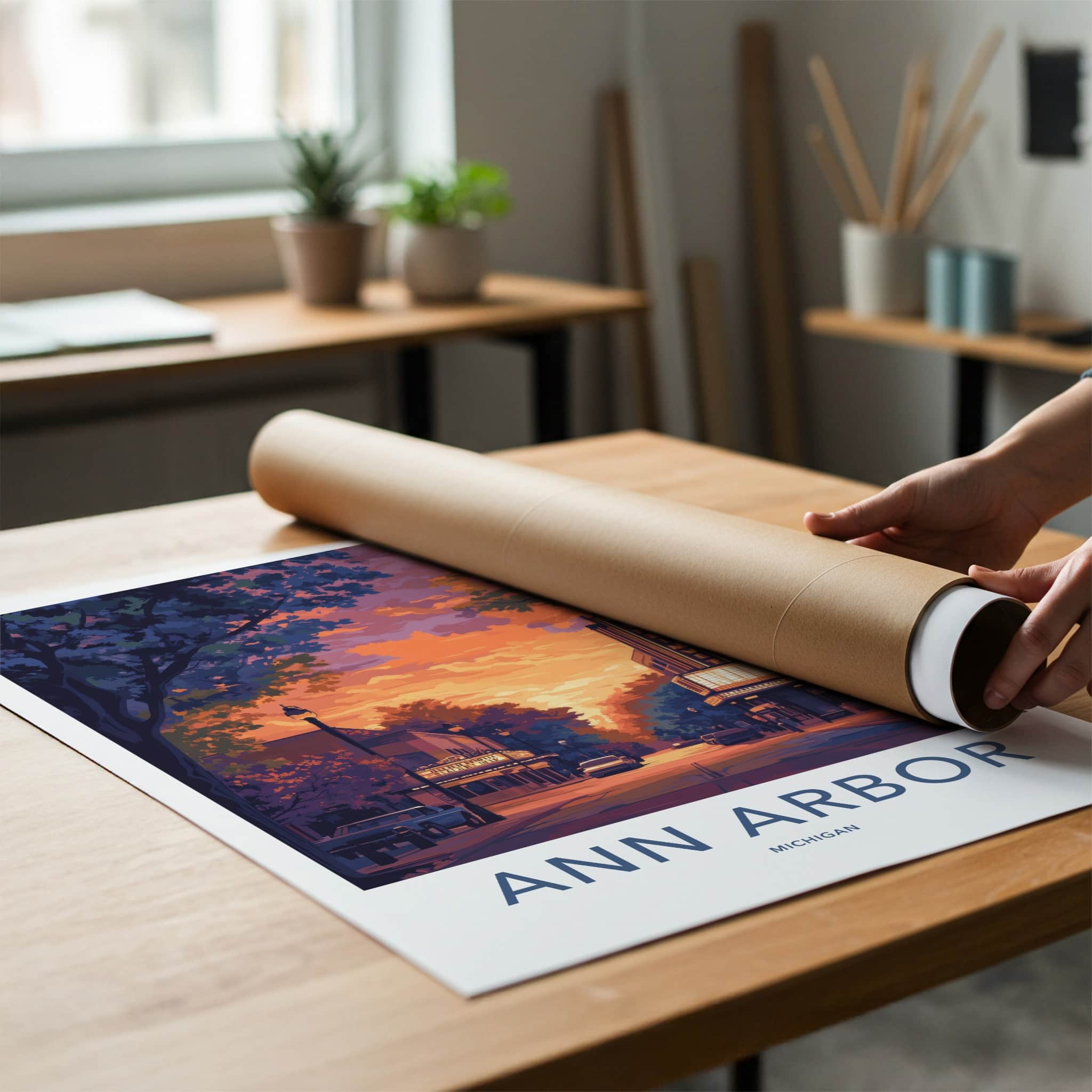 Ann Arbor Poster - Michigan Wall Art - Downtown Theater Sunset Home Decor