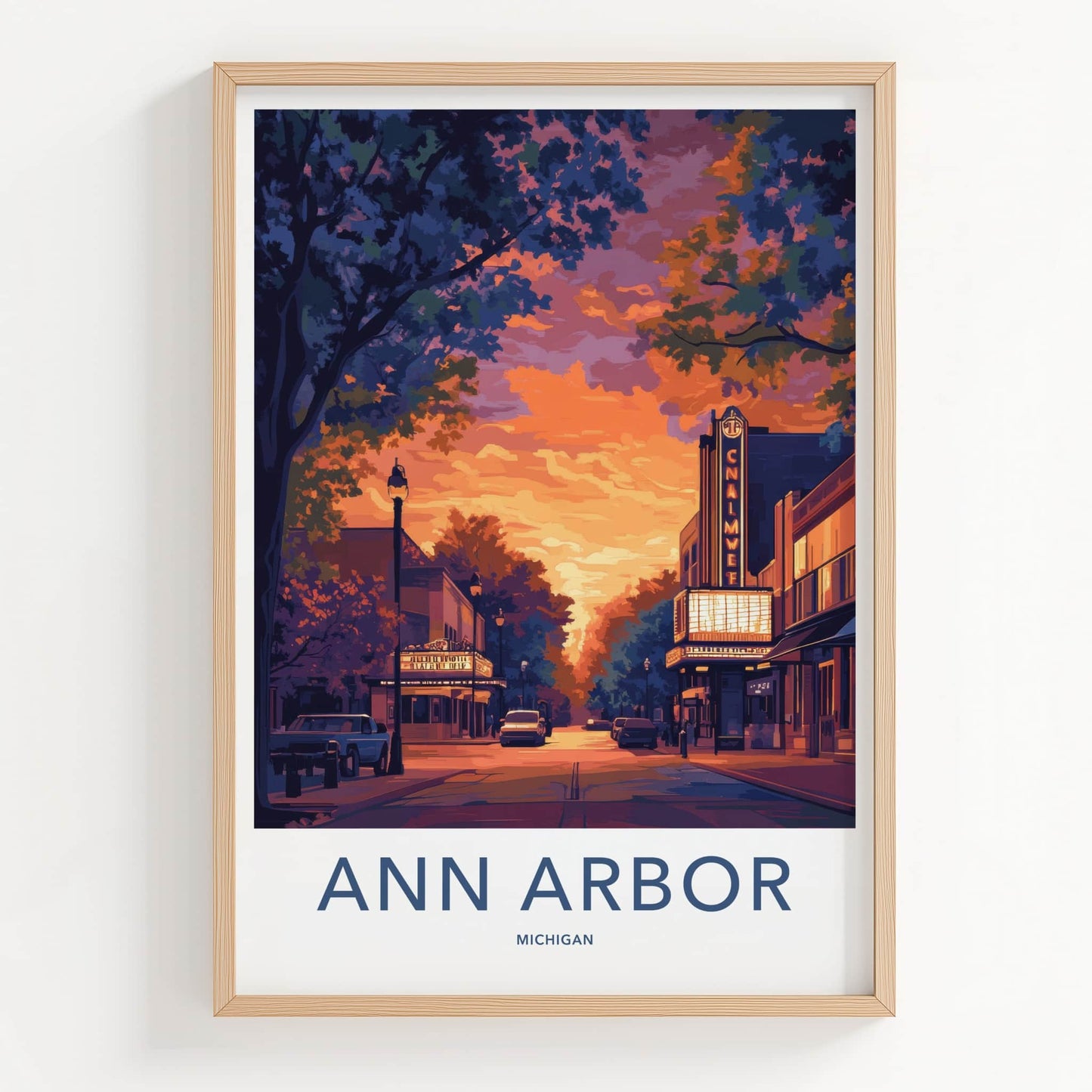 Ann Arbor Poster - Michigan Wall Art - Downtown Theater Sunset Home Decor