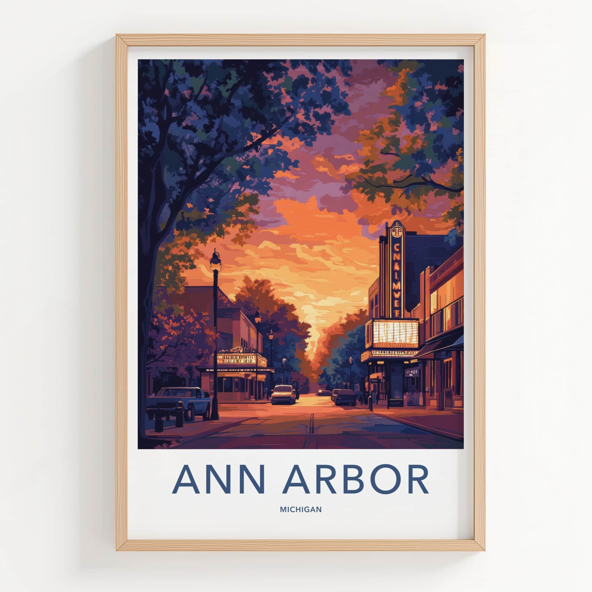 Ann Arbor Poster - Michigan Wall Art - Downtown Theater Sunset Home Decor